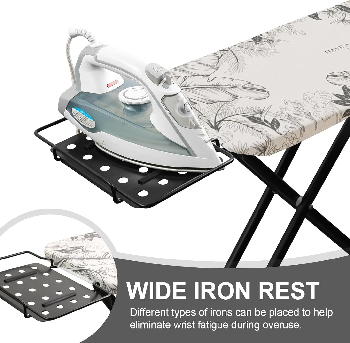 Ironing Board,Foldable Ironing Board Adjustable Height Compact Iron Board Thick Steel Tube Iron Board with Holder,Replacing Cloth Cover and Mini Handheld Gloves(Leaf Print)