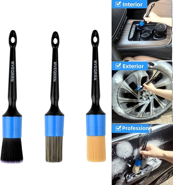 3pcs Car Detailing Brush Set-1pcs Boars Hair Car Detailing Brushes,1pcs Ultra Soft No Scratch Detailing Brush for Air Vent,Leather Seat 1pcs auto Detail Brushes for Interior Exterior(Blue)