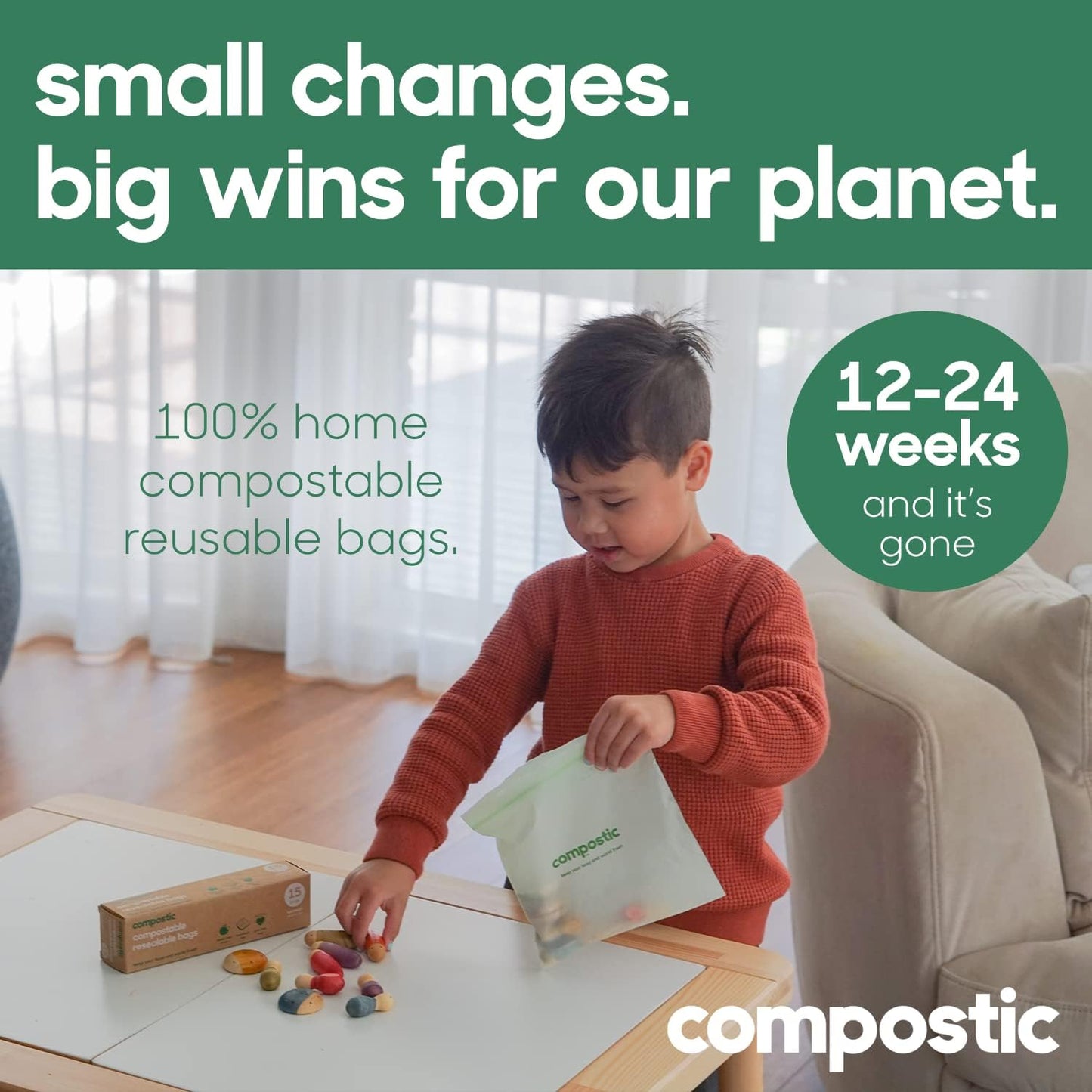 Compostic Home Compostable Resealable Sandwich Bags (7"x7"), Microwave & Freezer Safe, Organic Food Storage Container, 100 Count (Pack of 1)