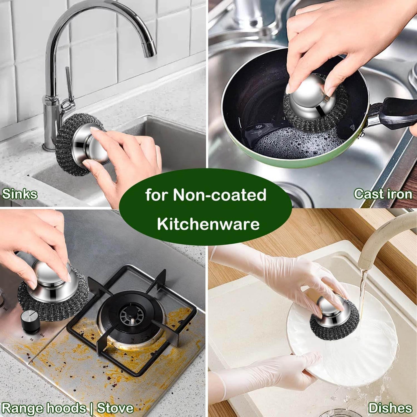 Steel Wool Scrubber with 2 Handles & 3 Replacement Wire Sponge(Scouring Pads) - Stainless Metal Cleaner Heavy Duty Brush for Pots, Pans, Cast Iron, Grill, Sink, Dishes, Stove, Kitchen Deep Clean