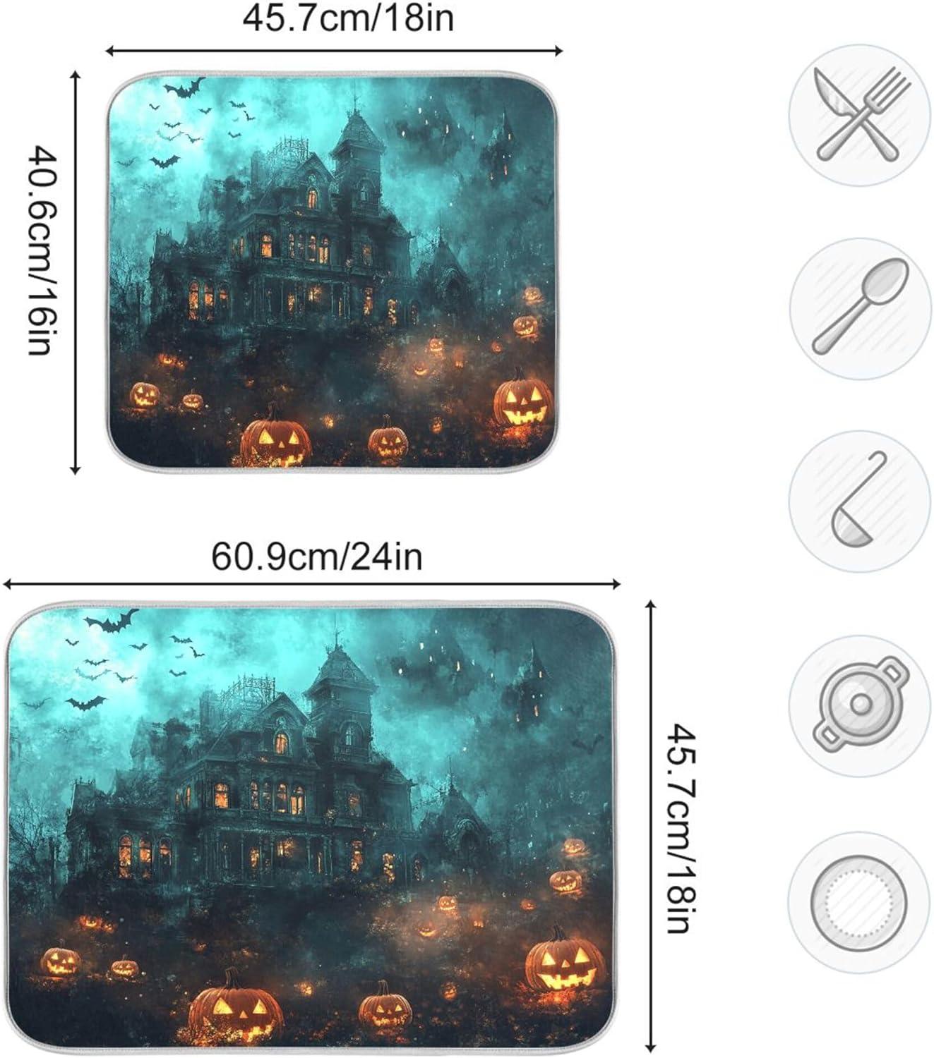 Halloween Castle Dish Drying Mat for Kitchen Countertop 18x24 Spooky Witch Pumpkin Lantern Large Drying Mat Reusable Quick Dry Dish Sink Mats Easy Clean Decorative Essentials