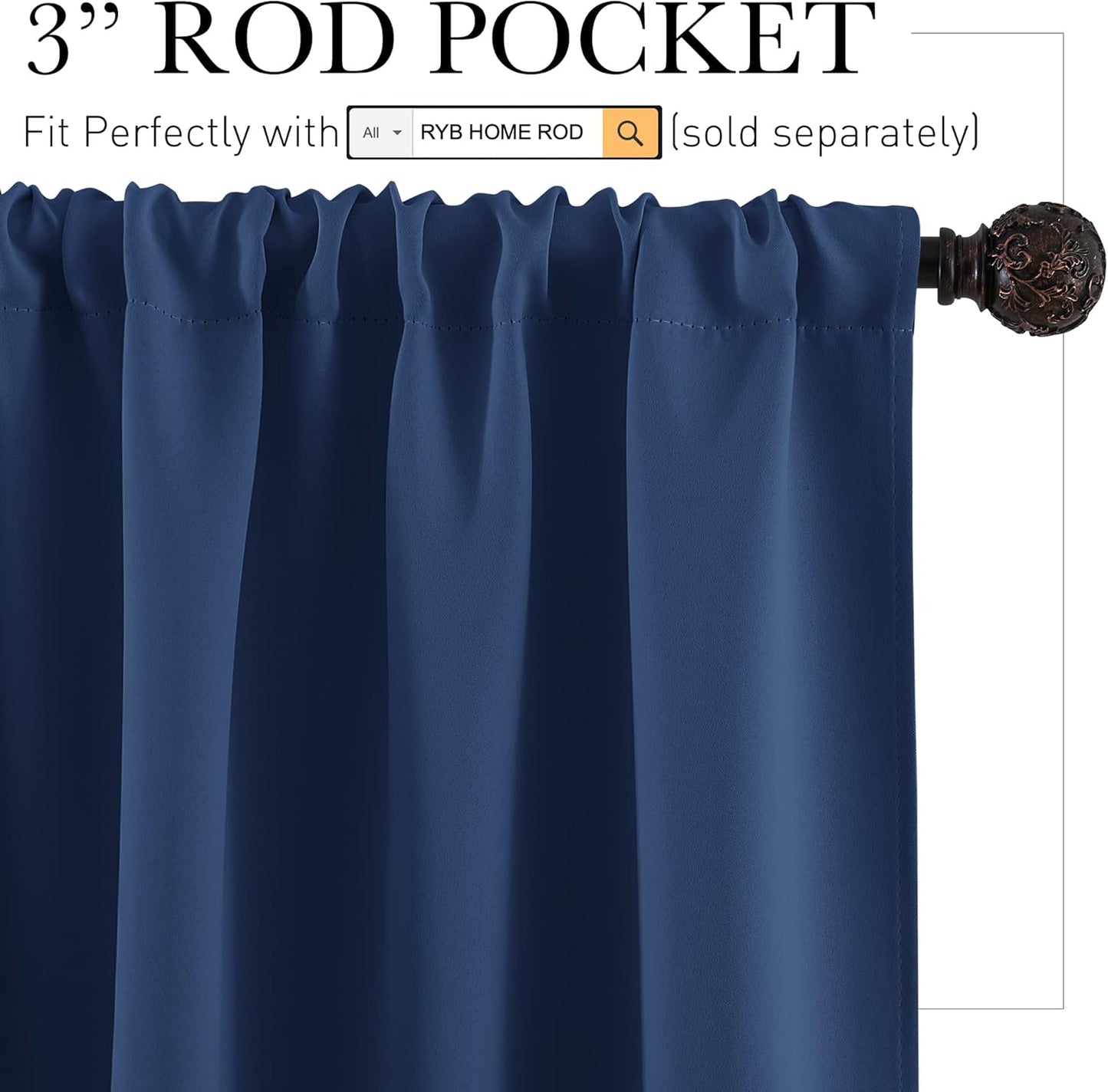 RYB HOME Blackout Curtains Pair - Countryside Portable Drapes with Rod Pocket Hanging Light Block Privacy Wall Panels for Foyer Entryway Bathroom Bedroom, W 42 x L 72 in, Navy Blue, 2 Pcs