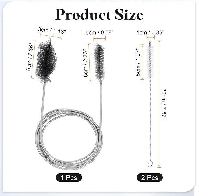 HARFINGTON 3pcs Flexible Long Drain Brush Straw Cleaner Set 78.74" Stainless Steel Double Ended Hose Brush with 8" Nylon Long Tube Pipe Cleaning for Fish Tank Sink Pipe, Black