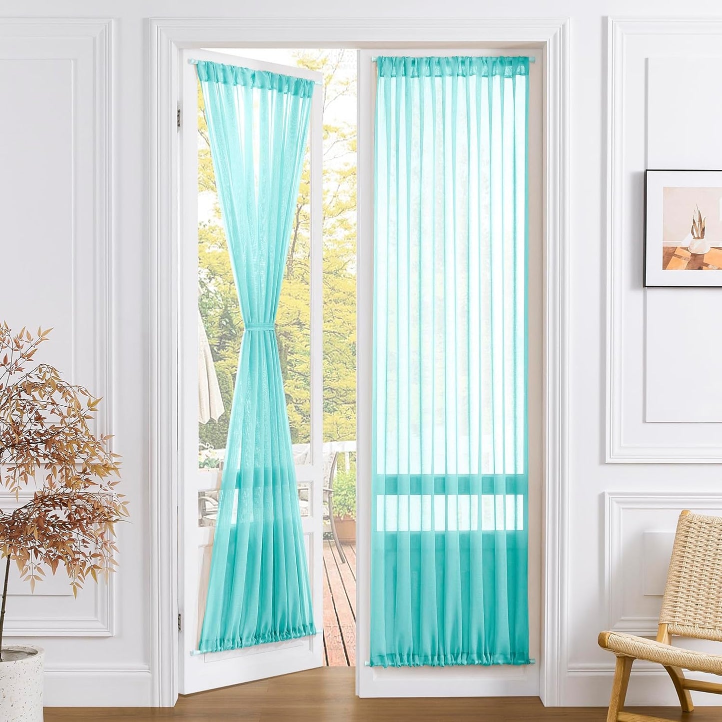 Tollpiz Sheer Door Curtain Closet Linen Textured Curtains Sheer Doorway Light Filtering Voile Patio Door Rod Pocket Curtain French Door, 54 x 72 inches Long, Aqua Blue, Set of 1 Panel