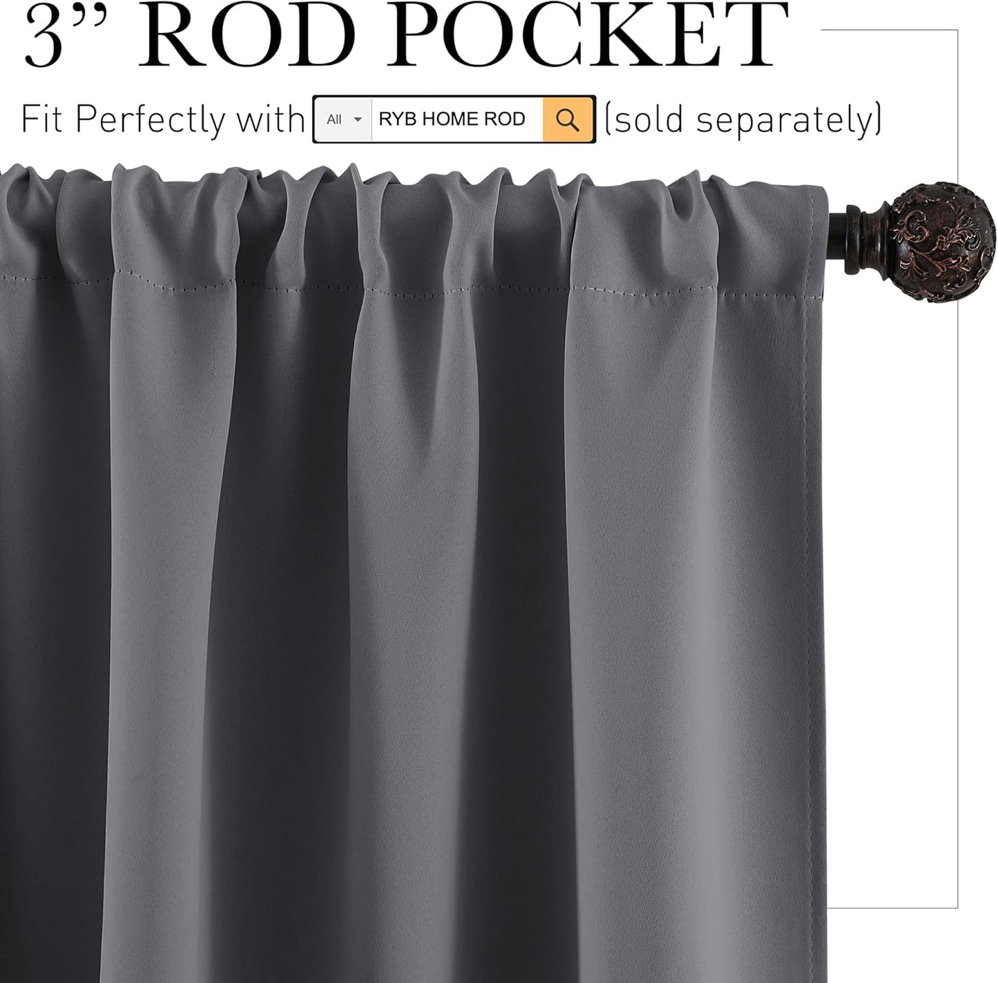 RYB HOME Short Curtains for Living Room Blackout Portable Blinds Shades for Bedroom Bathroom Basement Garage RV Camper Windows, 34 inches Width x 36 inches Length, Grey, 2 Pcs