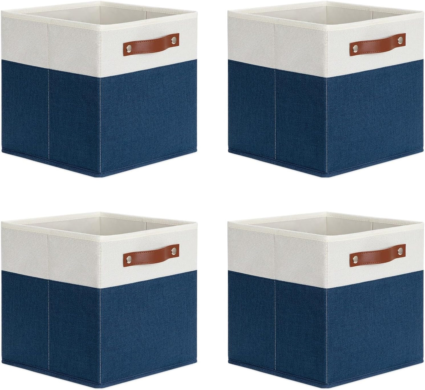 DULLEMELO Fabric Bins for Cube 11x11, Gift Baskets Empty for Boy Girl Mother Father Christmas Festival,Fabric Storage Bins Cube Organizer Baskets With Leather Handles(White&Blue)