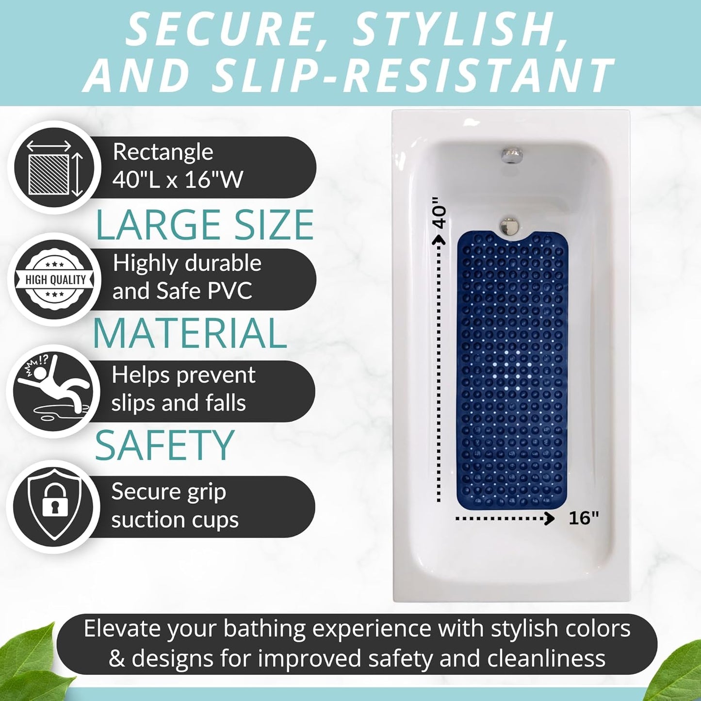 ENKOSI Bath Mat - Large Non Slip Bathtub & Shower Mat - Extra Long 40 x 16 Inch Bathroom Mats for Tub Nonslip Anti Slip Bathmats (40x16 Navy 1-Pack)