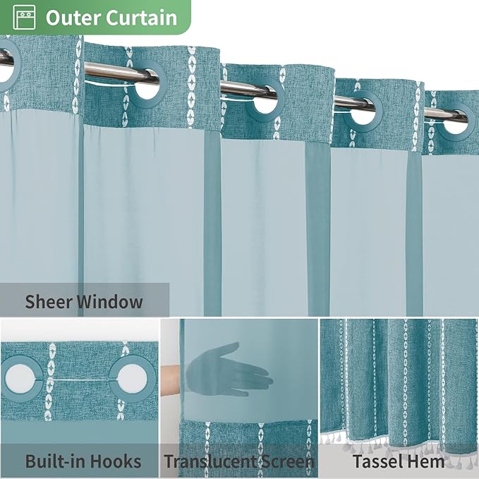 No Hook Extra Long Shower Curtain Set with Snap-in Liner,Linen Textured Thick Striped Fabric with Tassels,Boho Chic Modern Farmhouse Bathroom Curtain,Water-Repellent,Teal,71x86
