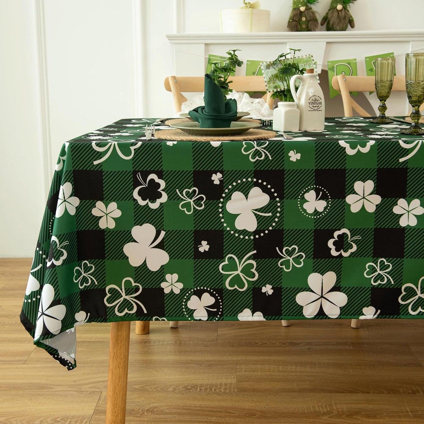 Green Waterproof Plaid St.Patrick Tablecloth Fabric - Square 58x58 Inch Classic Gingham Checker Holiday Table Cloth for Indoor Use - Lucky Shamrock Table Cover for BBQs, and Parties