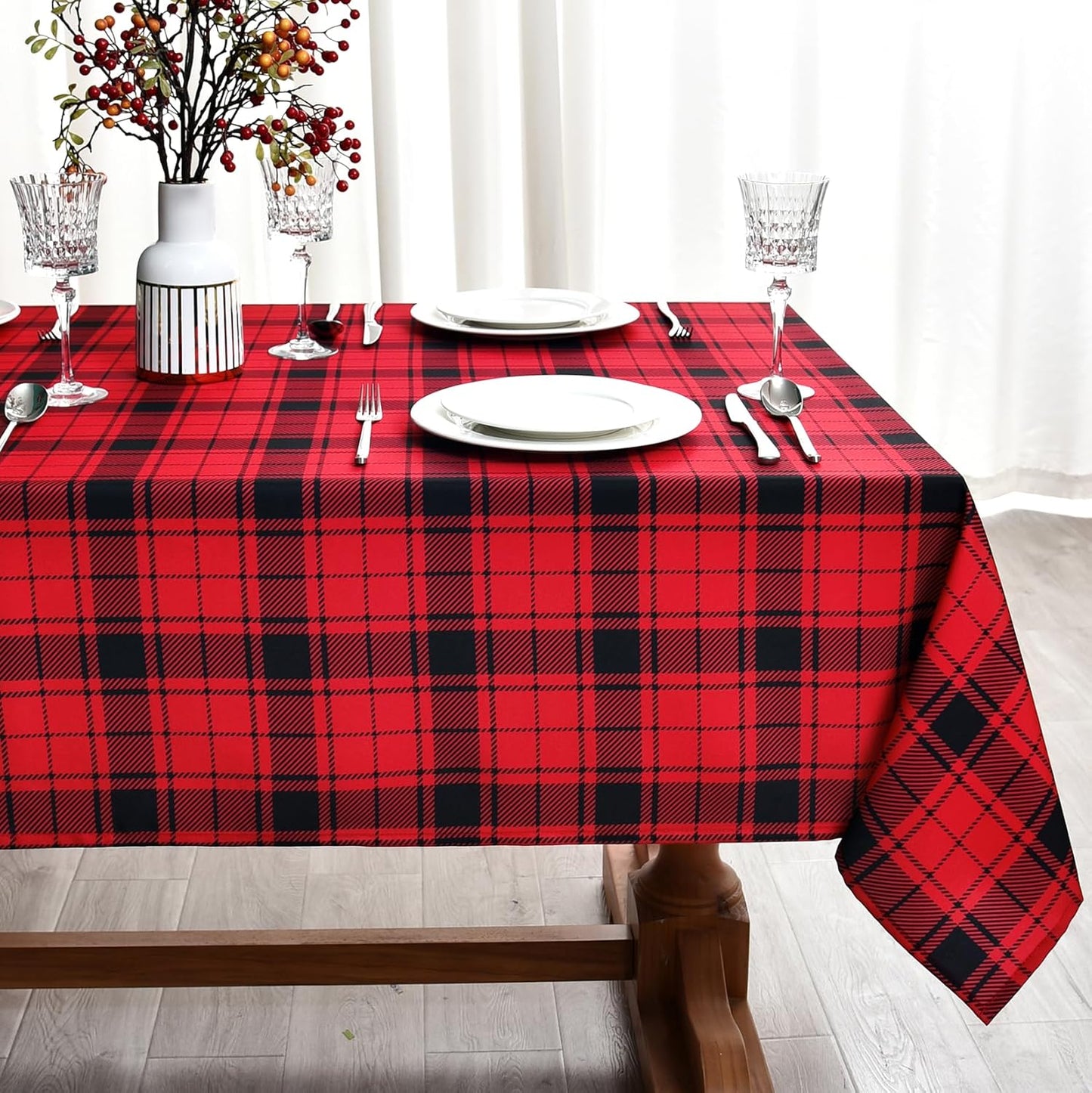 Classic Gingham Buffalo Xmas Tablecloth Fabric - Oblong 58x144 Inch Water Proof Checkered Table Cloth for Indoor Outdoor - Red Christmas Plaid Table Cover for Christmas, Holiday, New Year