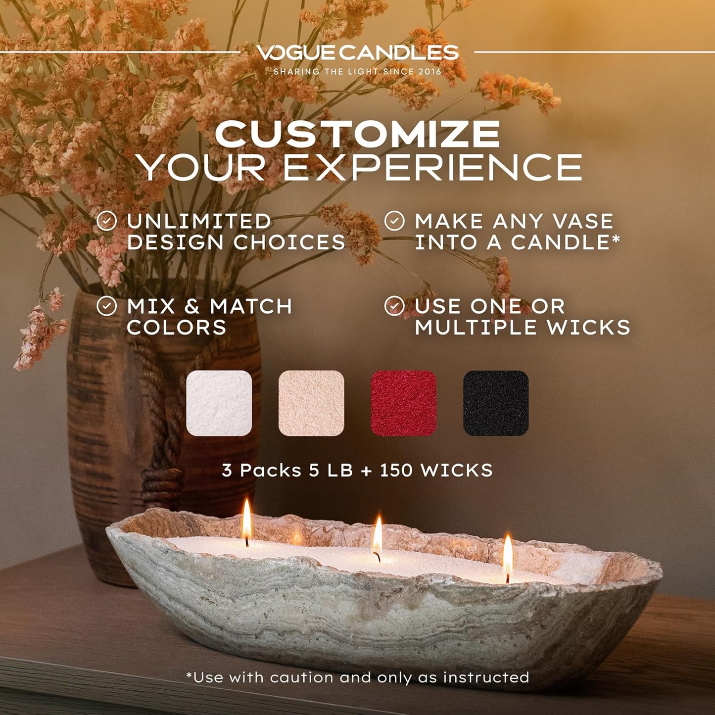 Vogue Candles 3-Pack 5 LB Refillable White Pearled Candle Sand – 15 LB Value Bundle with 150 Reusable Wicks - Bulk Plant-Based Candle Granules