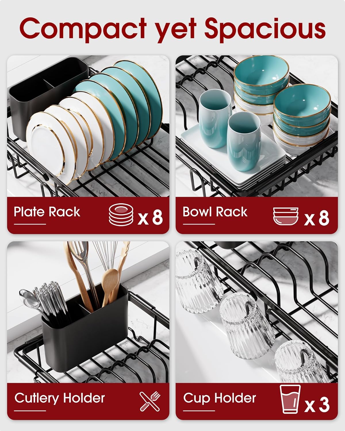 Dish Drying Rack in Sink - Expandable Stainless Steel Dish Rack Over The Sink, Kitchen Sink Drain Strainer with Cutlery Holder & Cup Holders, 15.4 x 9.8 x 3.0 Inch, Black