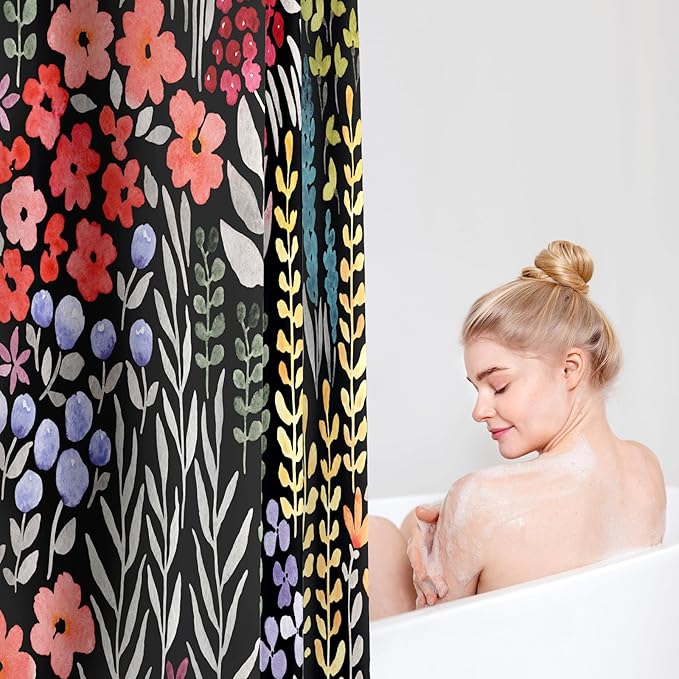 Colorful Floral Shower Curtain, Cute Boho Flower Fabric, Funky Watercolor Wildflower Shower Curtain Set, Cottagecore Bohemian Bathroom Decor, Black, 72x72
