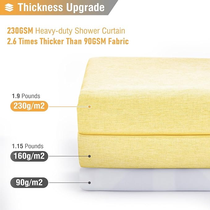 BTTN Fabric Shower Curtain, Linen Textured Heavy Duty Polyester Cloth Shower Curtain Set with Plastic Hooks, Yellow, 72" W x 96" L (Pack of 1)