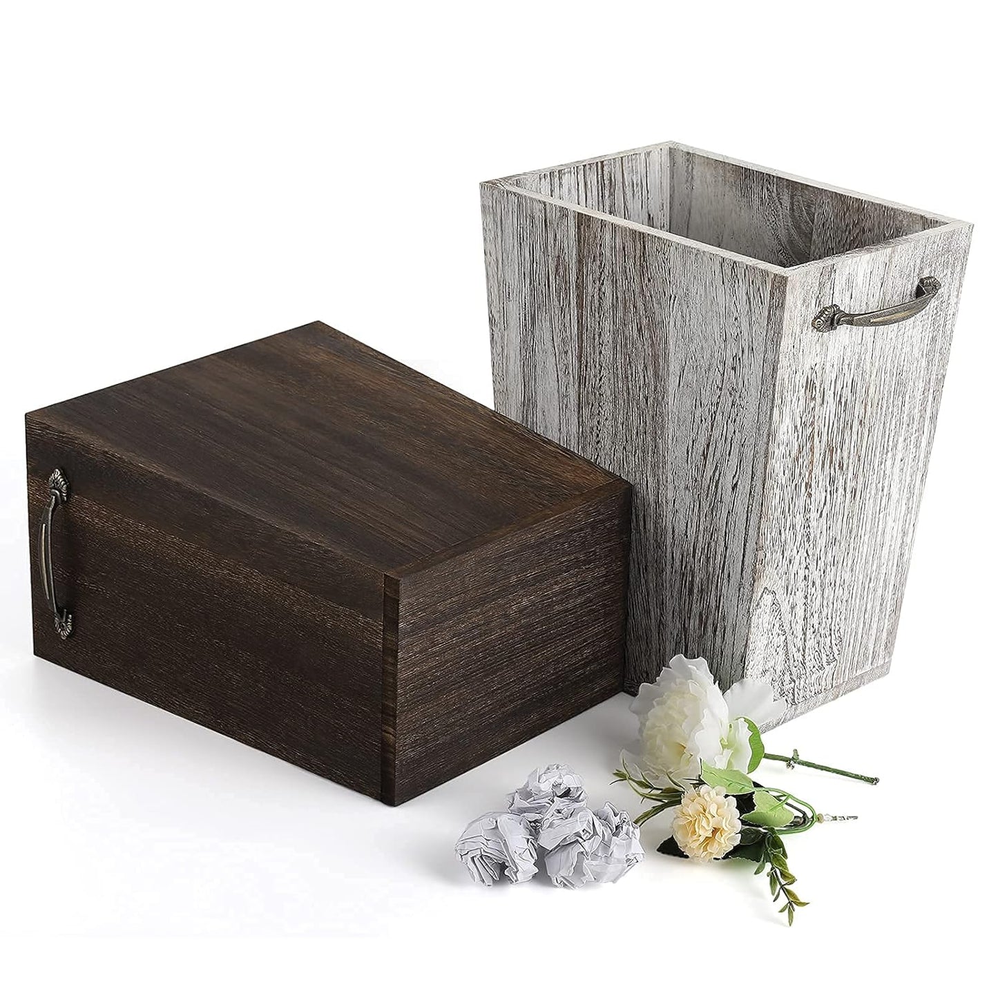 Trash Can Wastebasket Wood Garbage Container Bin with Built-in Double Metal Handles for Office, Bedroom, and Bathroom, Dark Brown