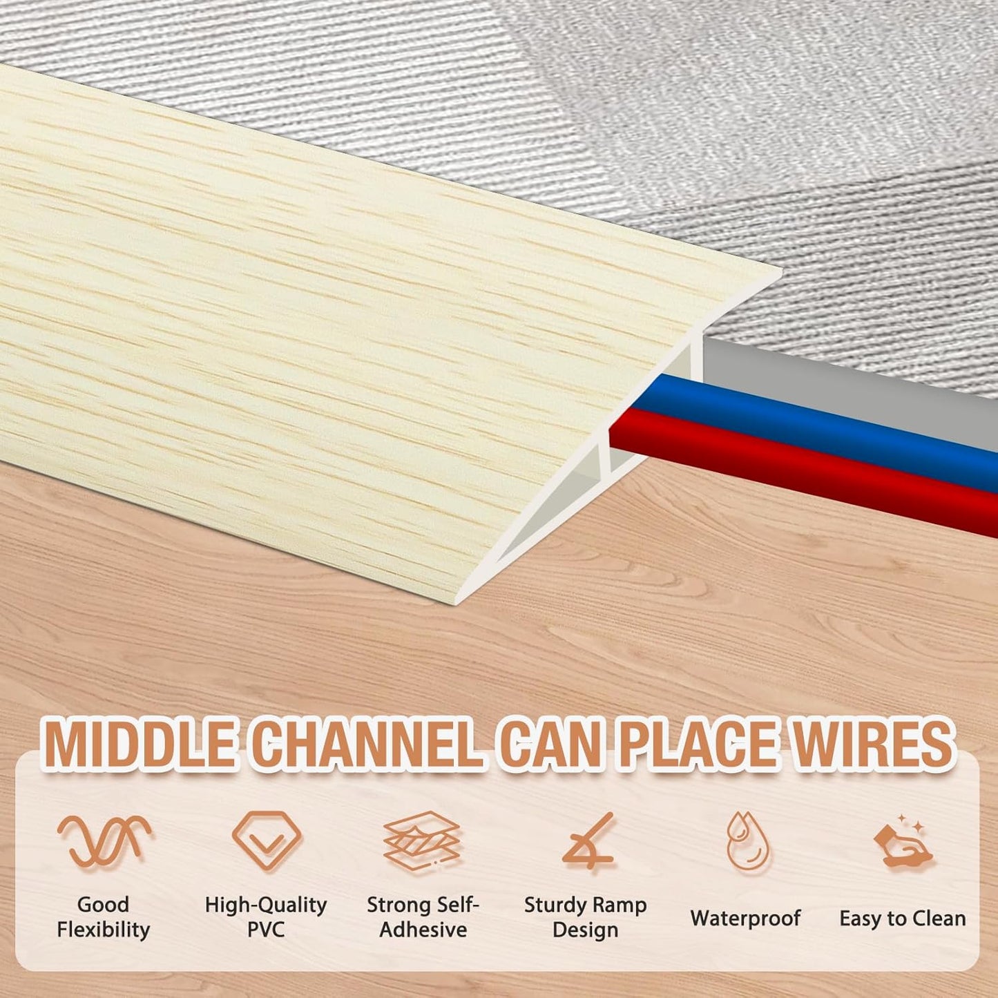 Floor Transition Strip Self Adhesive Vinyl Door Threshold for Doorways Carpet Edging Trim Overlap Edge Reducer for Laminate Floor, Carpet, Tile (Beige Wood Grain, 1/5" to 2/5", 3.3Ft)