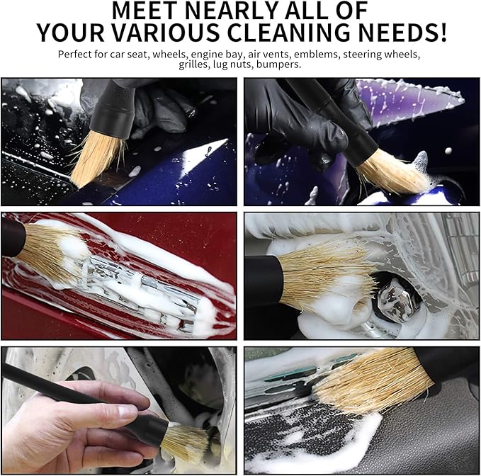 Car Detailing Brush Kit - Auto Detail Brush Set Interior Exterior No Scratch Boar Hair Detailing Supplies for Cleaning Air Vent Engine Bay Dashboard Seat Wheel(2 Pack)