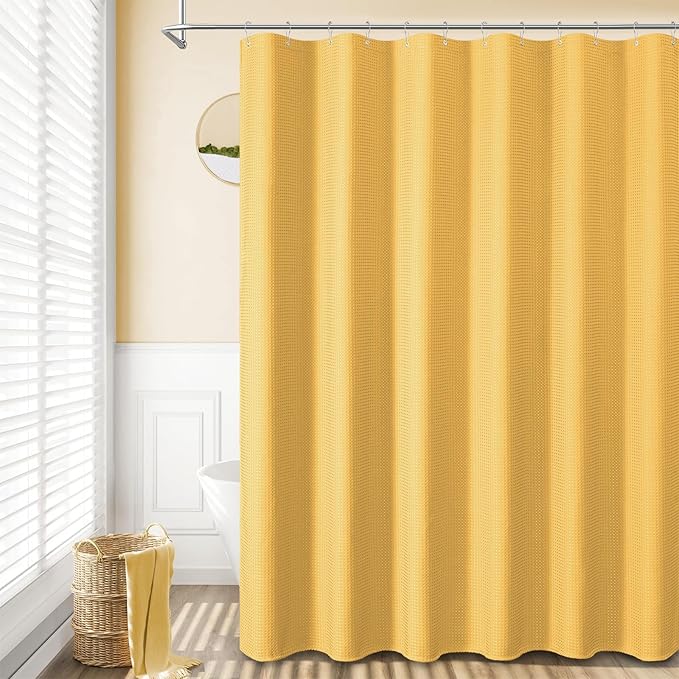 Dynamene Gold Fabric Shower Curtain - Waffle Weave Textured Heavy Duty Cloth Shower Curtains for Bathroom, 256GSM Hotel Luxury Weighted Bath Curtain Set with 12 Hooks,72x72, Gold