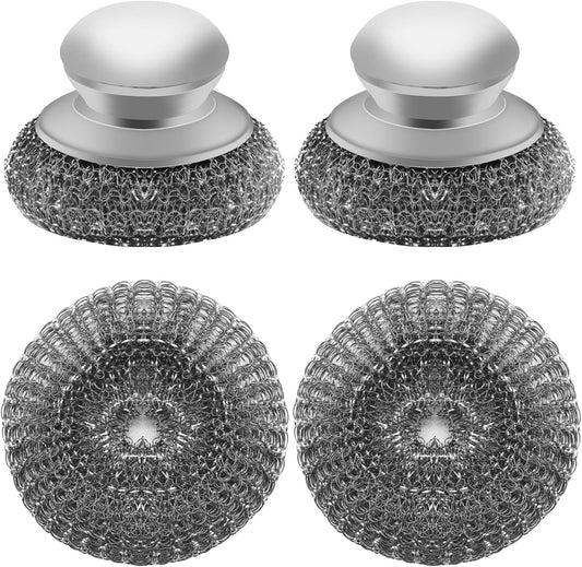 Stainless Steel Wool Scrubber with 2 Replacement Pads - Clean Metal Pans, Pots, Grills & More