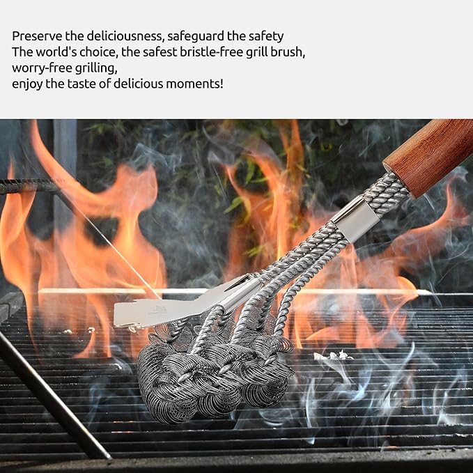 KULUNER BBQ Cleaning Brush - Bristle-Free, Suitable for All Types of barbecues, Wooden Handle, Multifunctional Brush and Scraper, Barbecue Accessory, Men's