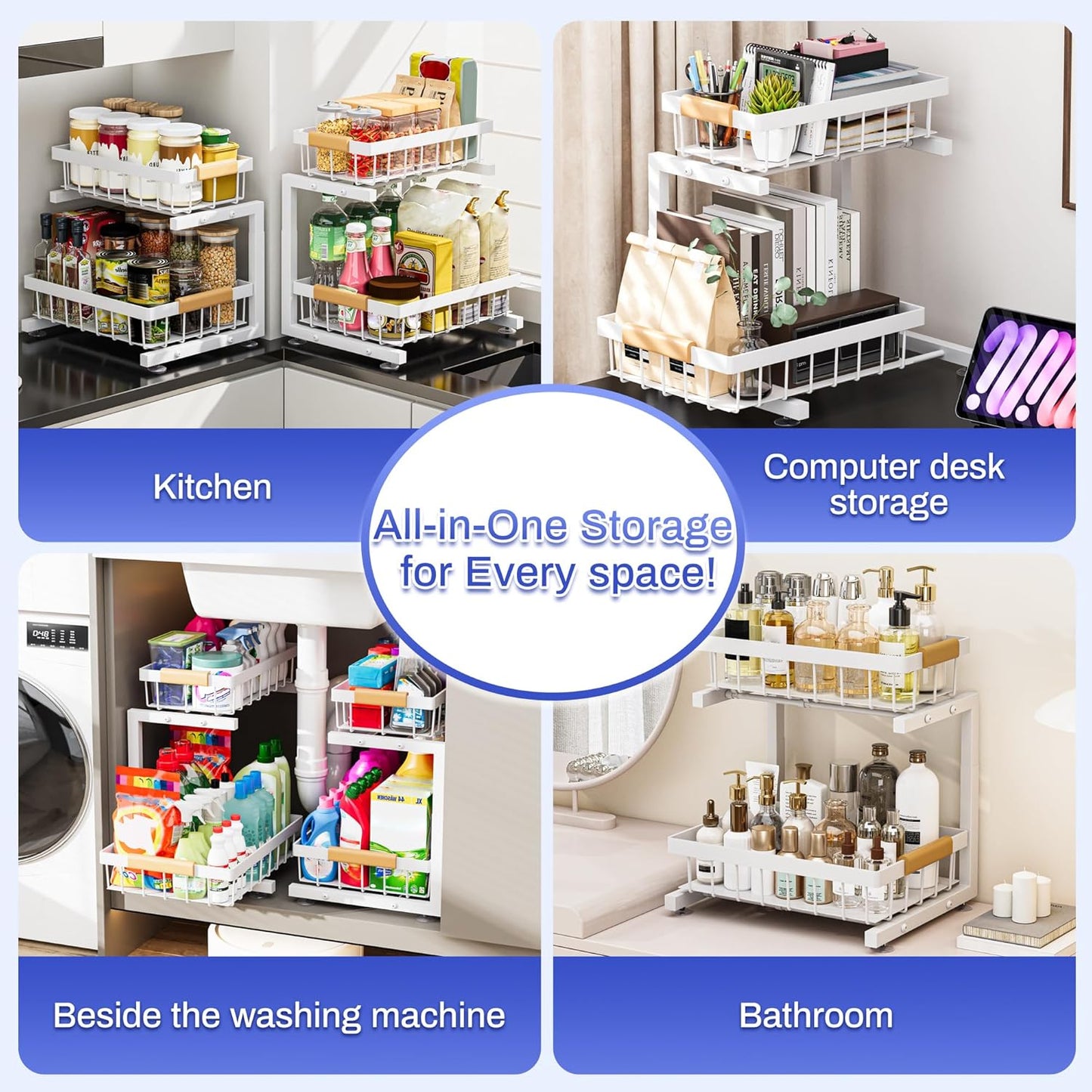 ADBIU Under Sink Organizer, 2 Pack 2 Tier Expandable Height (White, Large Size)