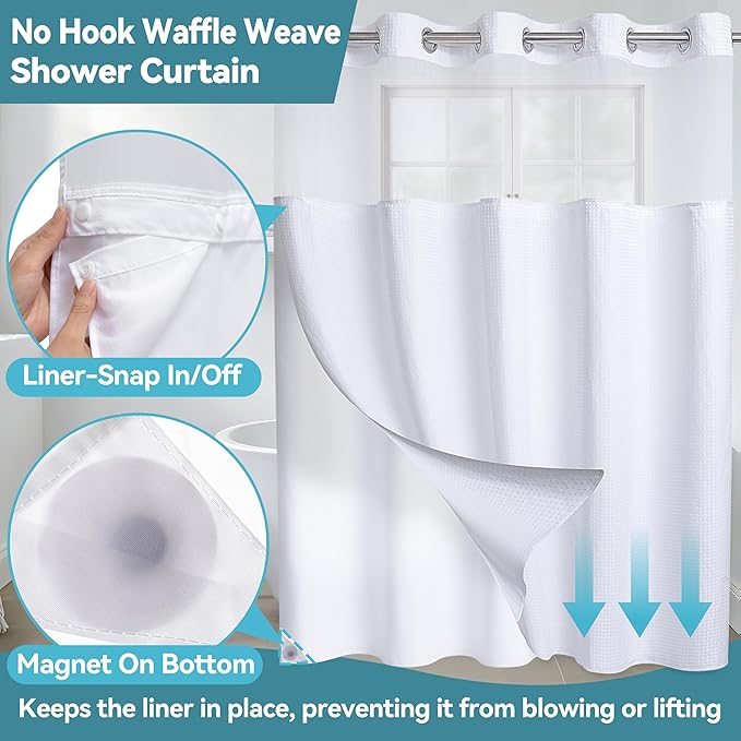Extra Wide No Hook Waffle Weave Shower Curtain with Snap in Liner Set, 108" x 74" Hotel Luxury White Shower Curtains for Bathroom with See Through Top Window, Waterproof, Washable 108W x 74H