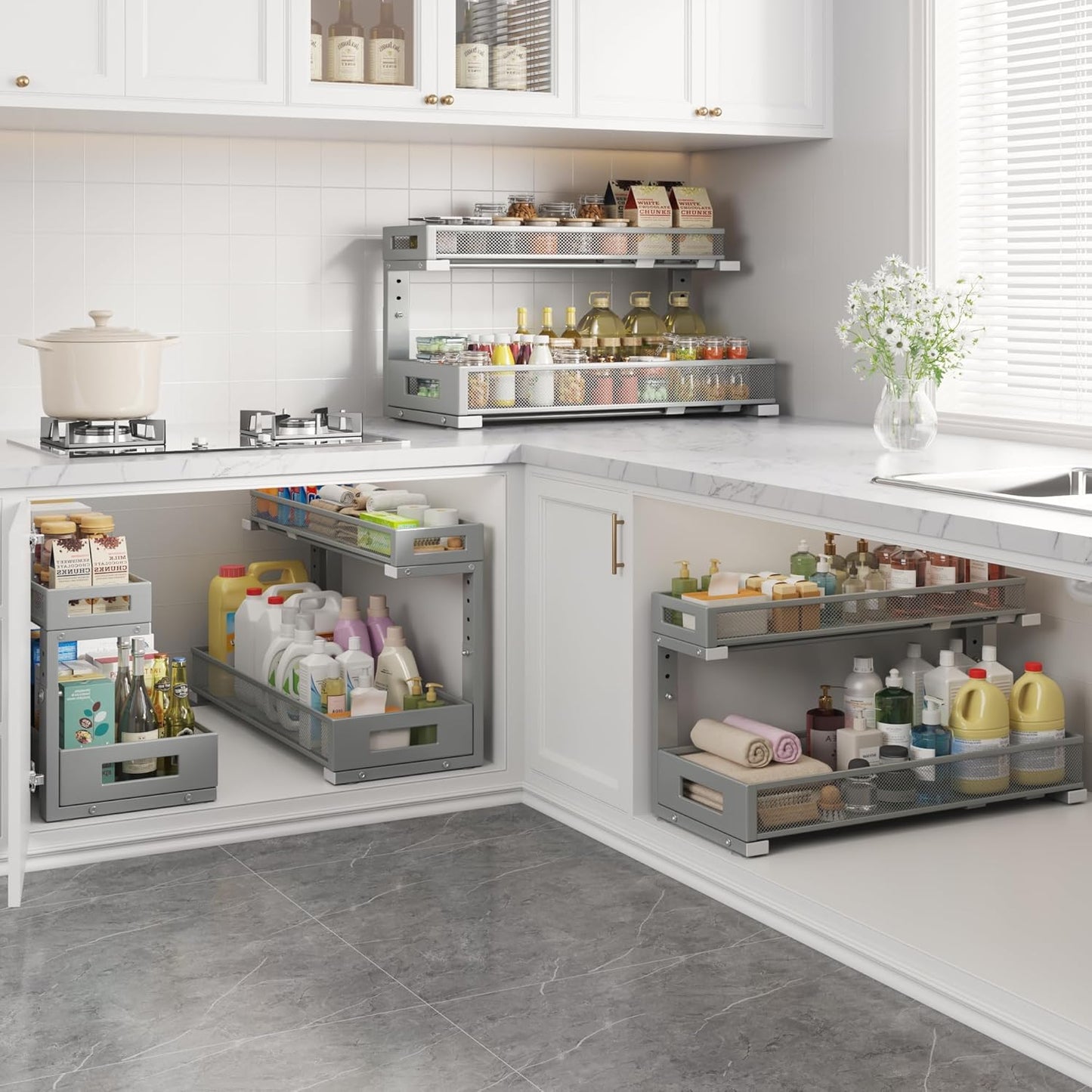 2 Pack 20.47IN Depth Under Sink Storage Organizer, Large 2-Tier Elegant Mesh Pull Out Shelf for Kitchen and Bathroom Cabinet Organization, L-Shaped and Adjustable Height Design-Gun Gray