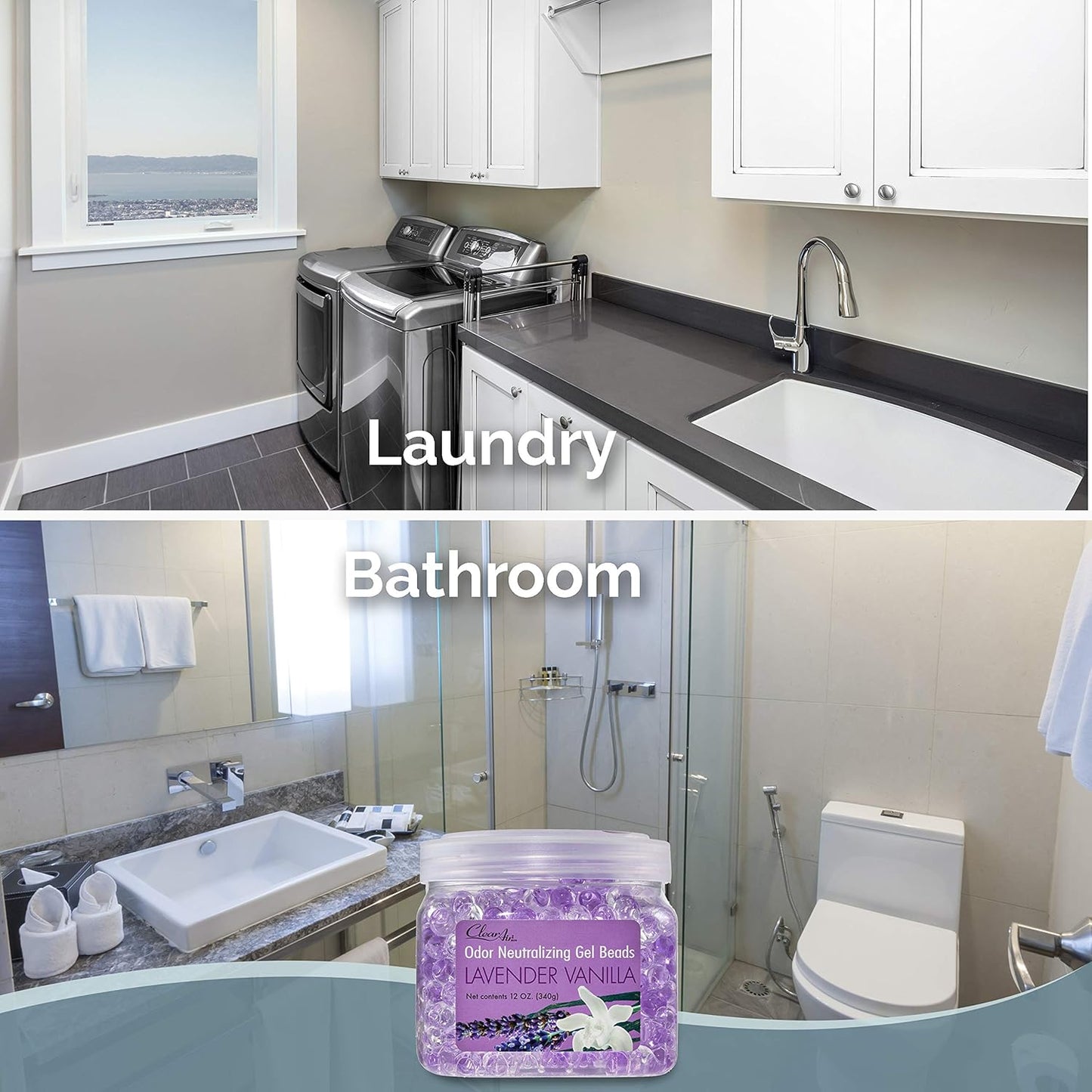 Clear Air Odor Eliminator Gel Beads - 12 oz, Pack of 2 - Air Freshener Made with Essential Oils - Eliminates Odors in Bathrooms, Cars, Boats, RVs & Pet Areas - Lavender Vanilla Scent