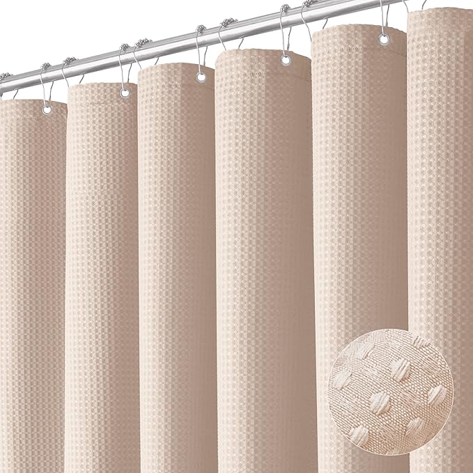 Dynamene Extra Long Shower Curtain - 84 Inch Long Waffle Weave Heavy Duty Fabric Bathroom Shower Curtain, Neutral Weighted Hotel Thick Bath Curtain Set with 12 Plastic Hooks,72x84, Blush Pink