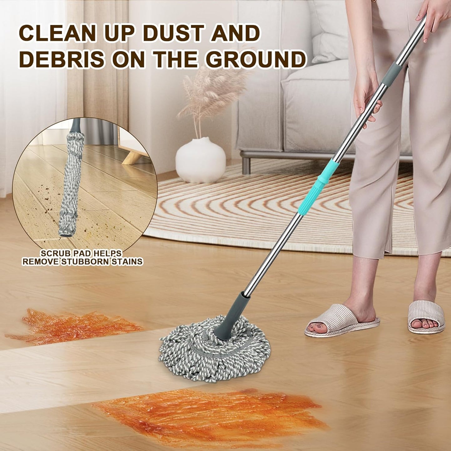 Self Wringing Mop Floor Cleaning, Easy Squeeze Twist Mop, Heavy Duty Wet Mops for Cleaning Hardwood Tile Vinyl Laminate Floors (Gray- 2 Head)