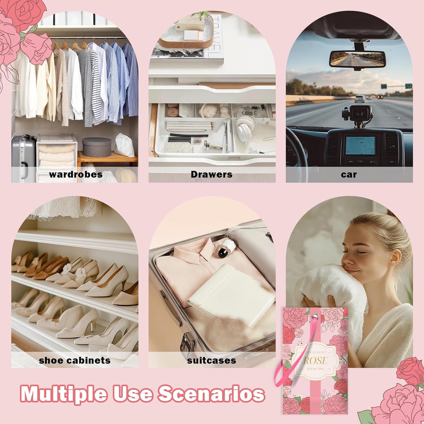 SCENTORINI Scented Sachets for Drawers and Closets, Rose Scent 14 Pack, Long-Lasting Sachets Bags Wardrobe Freshener, for Drawers, Closets, Cars