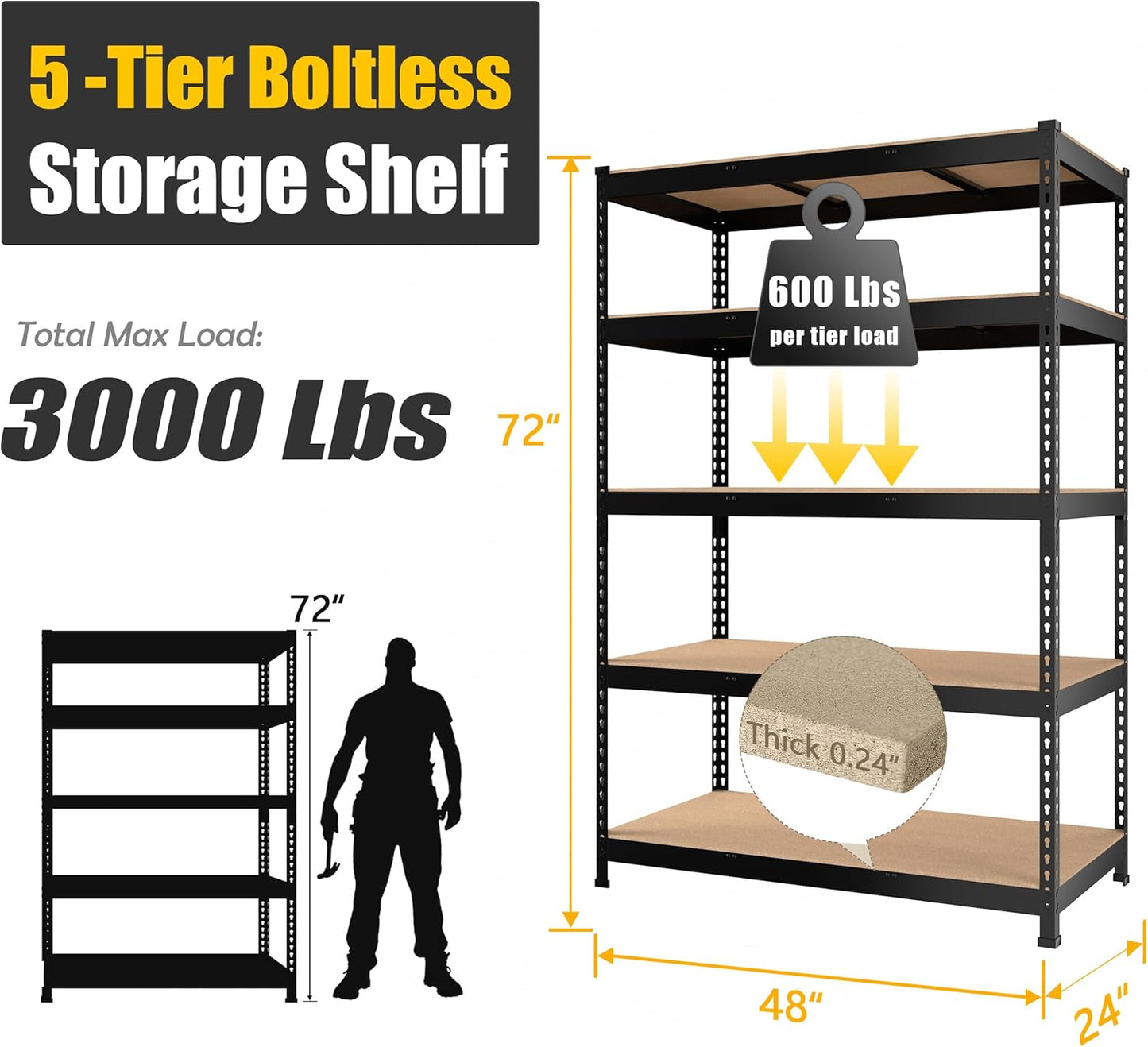 PrimeZone 2 Pack Storage Shelves 48" x 24" x 72" - 5 Tier Heavy Duty Adjustable Garage Storage Shelving, Metal Storage Utility Rack Shelf Unit for Warehouse Pantry Closet Kitchen, Black