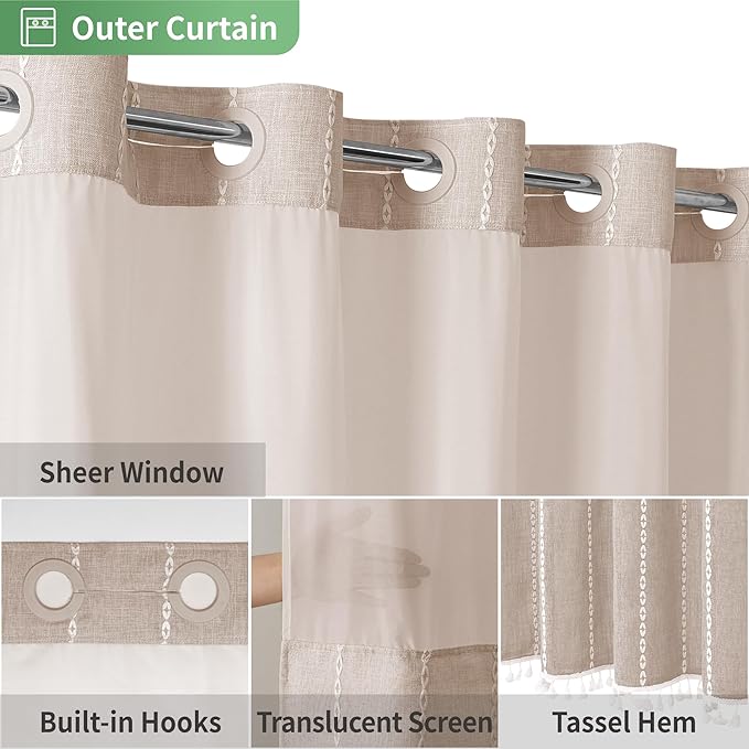 No Hook Long Shower Curtain Set with Snap-in Fabric Liner,Linen Textured Thick Striped Fabric with Tassels,Boho Farmhouse Rustic Luxury Bathroom Curtain,Water-Repellent,Tan/Taupe,71x80