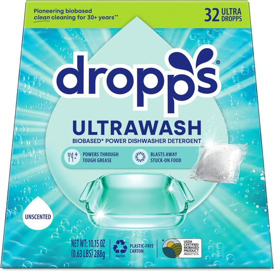 Dropps UltraWash Dishwasher Pods, Unscented (32 Count) - Biobased Power Deep Clean Dishwasher Detergent Tablets for Sparkling Shiny Dishes - No Rinse Aid or Pre-Wash Needed - Dishwashing Pods