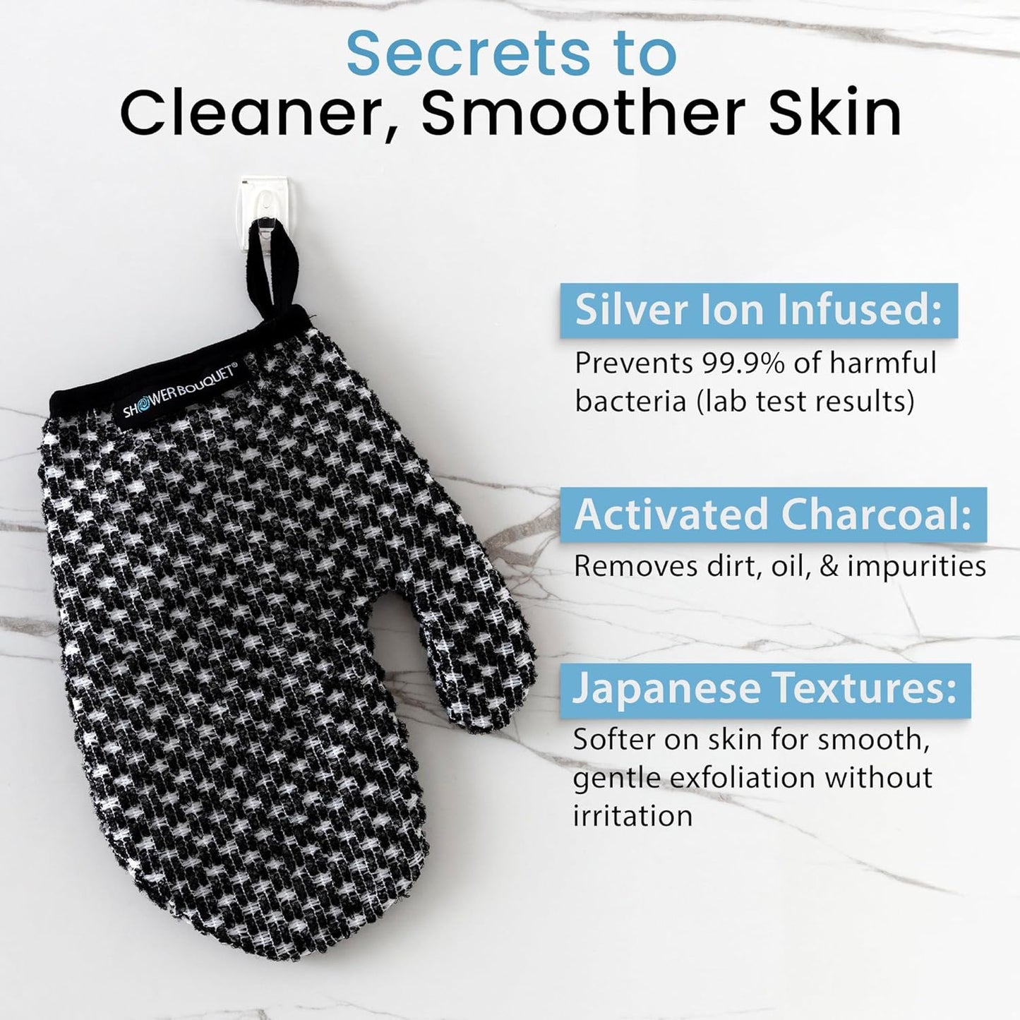 Japanese Exfoliating Mitt for Shower [1-Pack, White] - Charcoal & Silver Ion Exfoliating Glove - Gentle Exfoliation & Deep Cleansing Shower Mitt - Exfoliating Body Scrubber Glove, Soft Fabric Inside