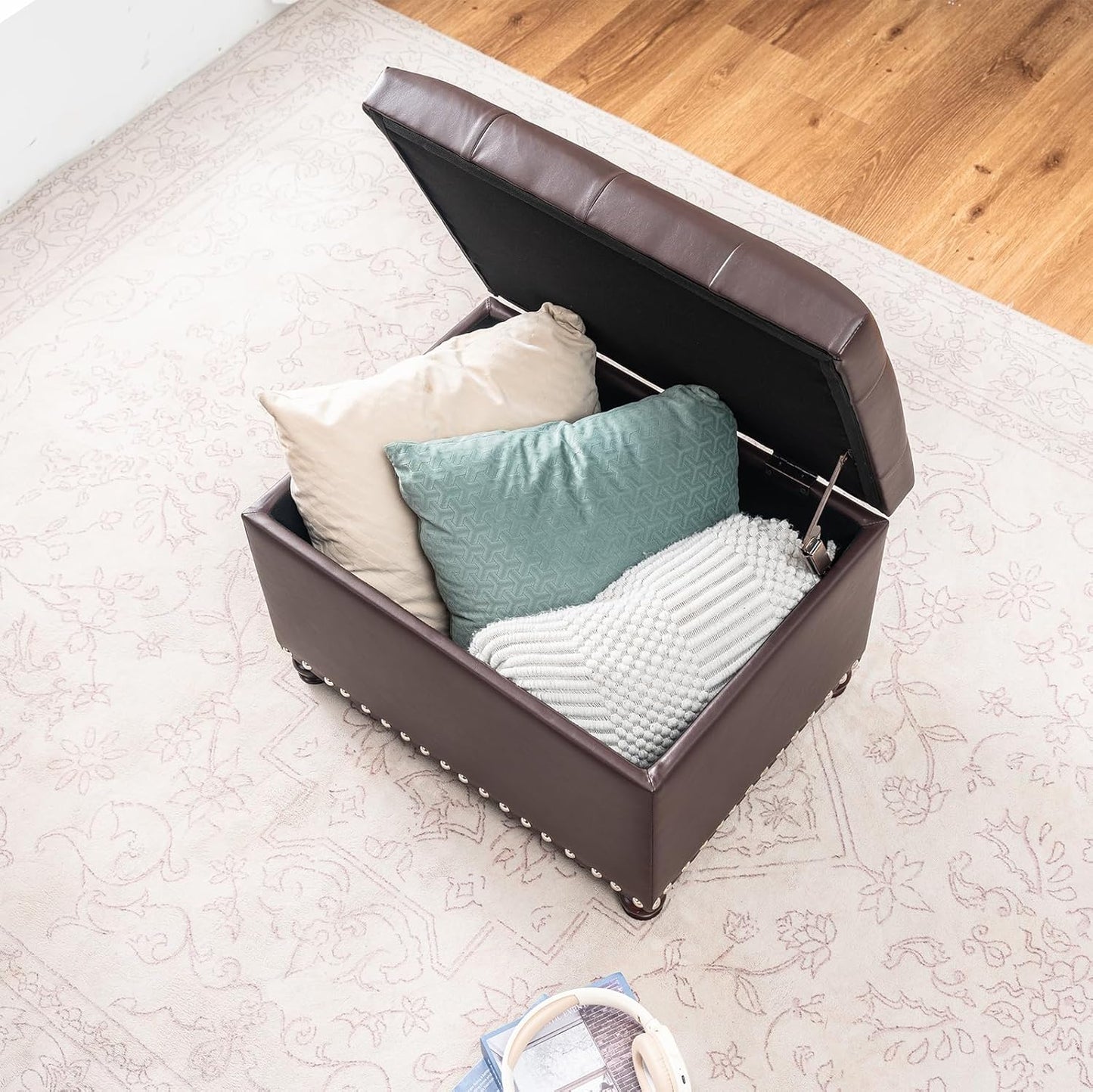 Joveco Faux Leather Storage Ottoman Bench Rectangle 24 Inch Foot Rest Ottomans (Brown)