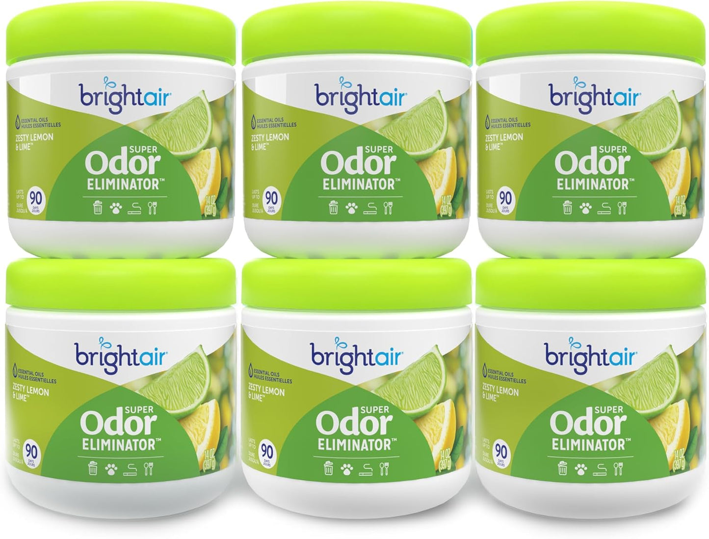 Bright Air 14 oz. Super Odor Eliminator, For Medium-Size Spaces, Zesty Lemon & Lime Scent, Case of 6, Air Freshener, Natural Essential Oils, Lasts Up to 90 Days Each