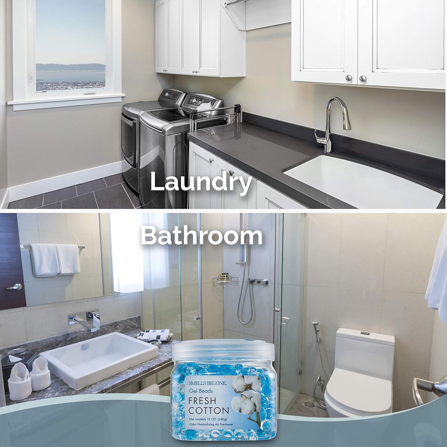 SMELLS BEGONE Odor Eliminator Gel Beads - Air Freshener - Eliminates Odor in Bathrooms, Cars, Boats, RVs & Pet Areas - Made with Essential Oils - Fresh Cotton Scent - 12 Ounce