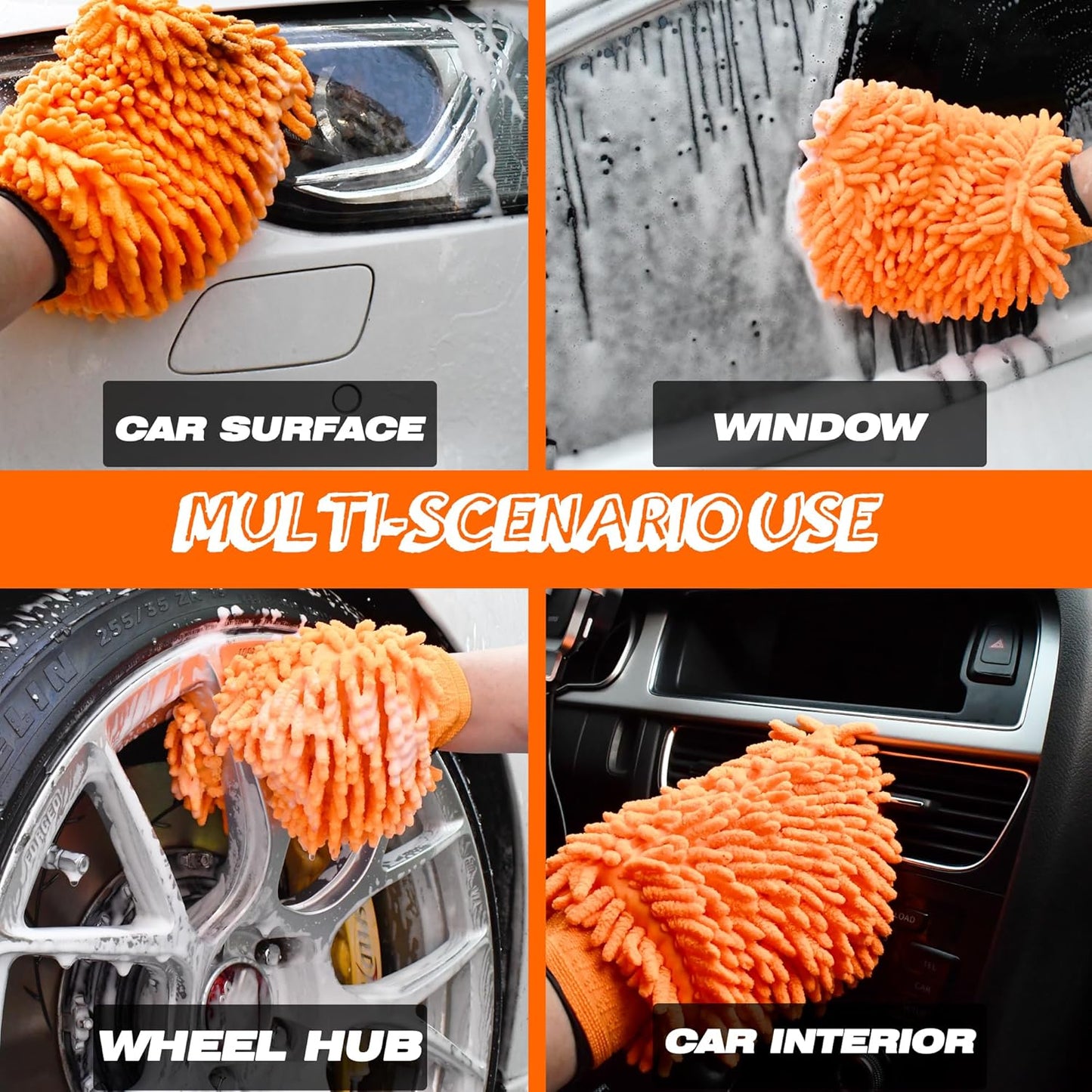 Raeyuan Car Wash Mitt Microfiber 3 Pack Scratch Proof & Lint-Free Wash Mitt for Cars, SUVs, Trucks - Large 9.06"x5.91", Orange,Green & Blue (All-Purpose Car Cleaning) (1, Orange,Blue,Green, Large)