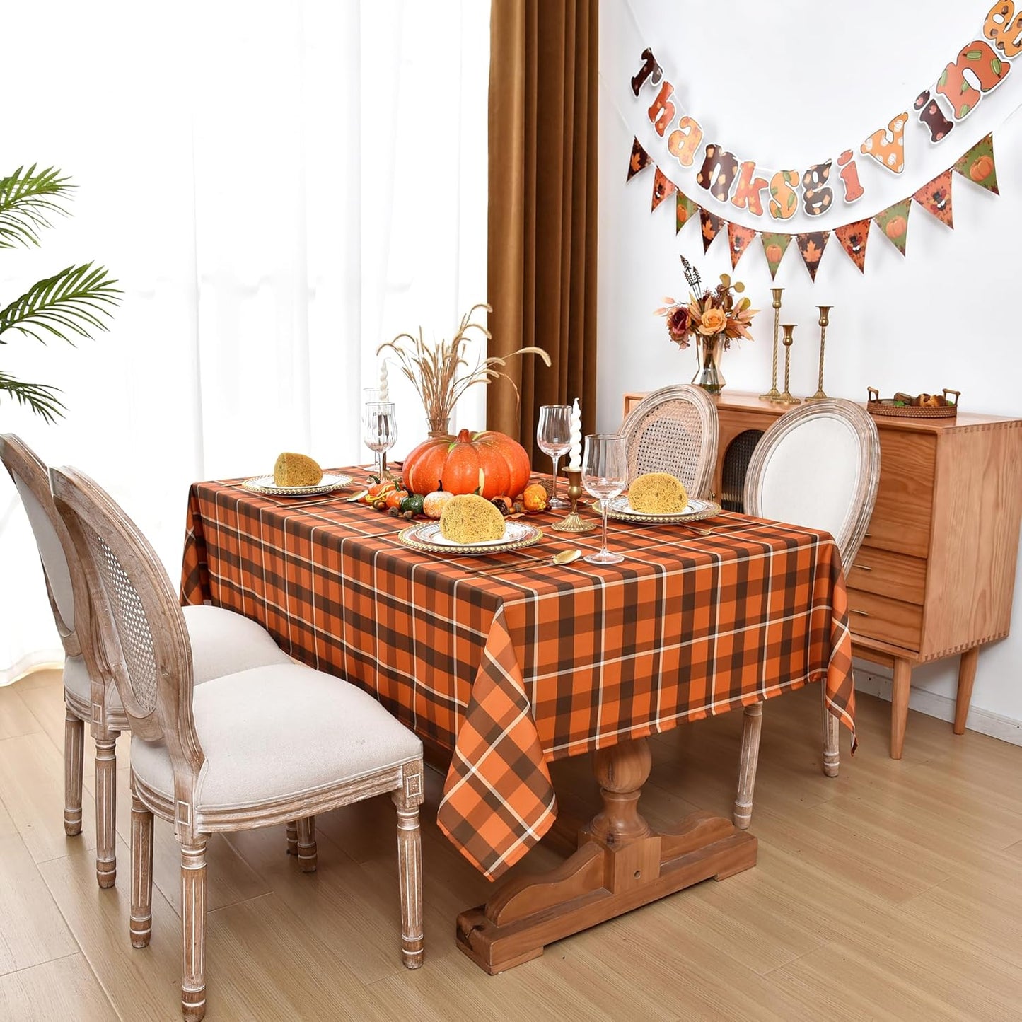 Gingham Plaid Tablecloth - Rectangular 58x102 Inch Water Resistant Thanksgiving Table Cloth for Indoor/Outdoor Use - Seasonal Fall Harvest Table Cover for Halloween, Picnics, and Parties