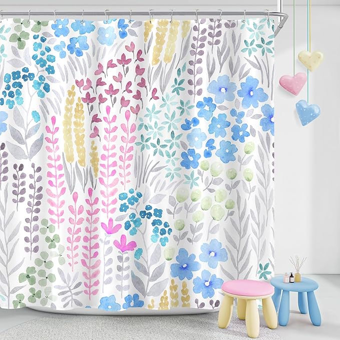 Blue Floral Shower Curtain 60x72, Pink Yellow Boho Flower Fabric Shower Curtain, Cute Funky Watercolor Wildflower Shower Curtain Set, Cottagecore Bohemian Bathroom Decor