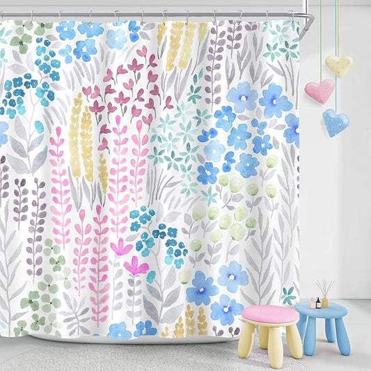 Blue Floral Shower Curtain 60x72, Pink Yellow Boho Flower Fabric Shower Curtain, Cute Funky Watercolor Wildflower Shower Curtain Set, Cottagecore Bohemian Bathroom Decor