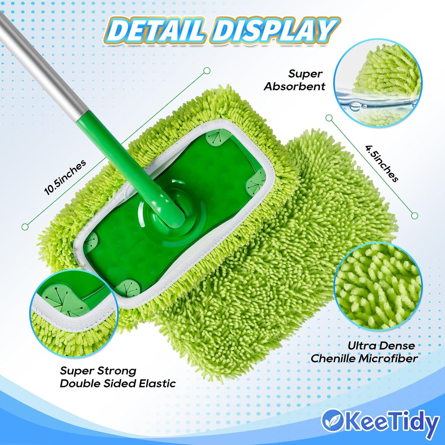 Reusable Mop Pads Compatible with Swiffer Sweeper Mops, 3 Pack 12 Inch Washable Microfiber Wet Pads Refills Dry Sweeping Cloths Heavy Duty Mop Head Replacement for Wet Dry Floor Cleaning, Green