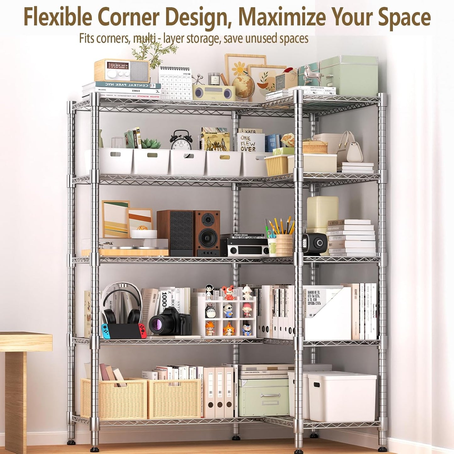 Himimi Storage Shelves-5 Tier Heavy Duty Wire Shelving Unit with Leveling Feet, 1500LBS Adjustable Metal Shelves Organizer for Kitchen Garage Pantry Laundry, 60" W*14" D*72" H, Silver