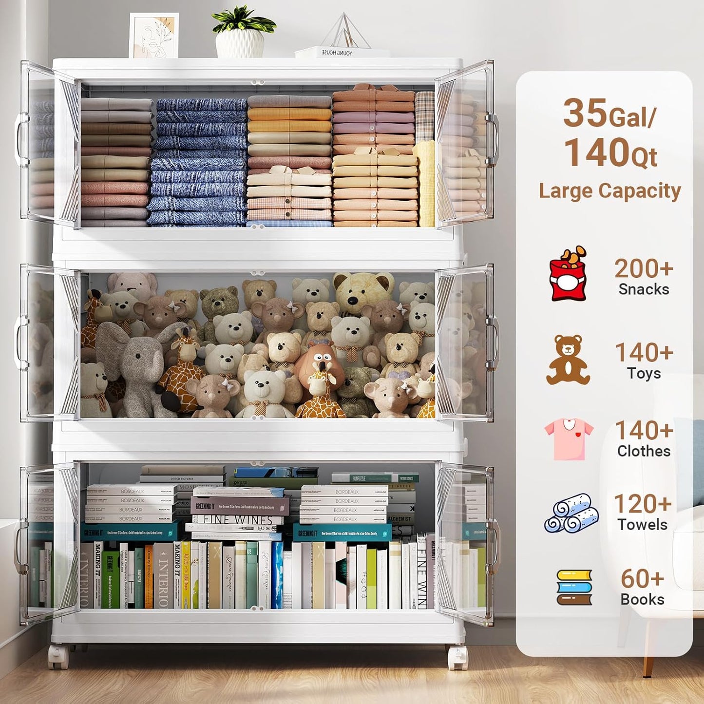 140Gal Plastic Stackable Storage Bins with Lid, 560QT Extra Large Closet Organizers Collapsible Cabinets Boxes with Drawers, Foldable Containers with 4X Wheels for Home Kitchen, V60 4Pack White