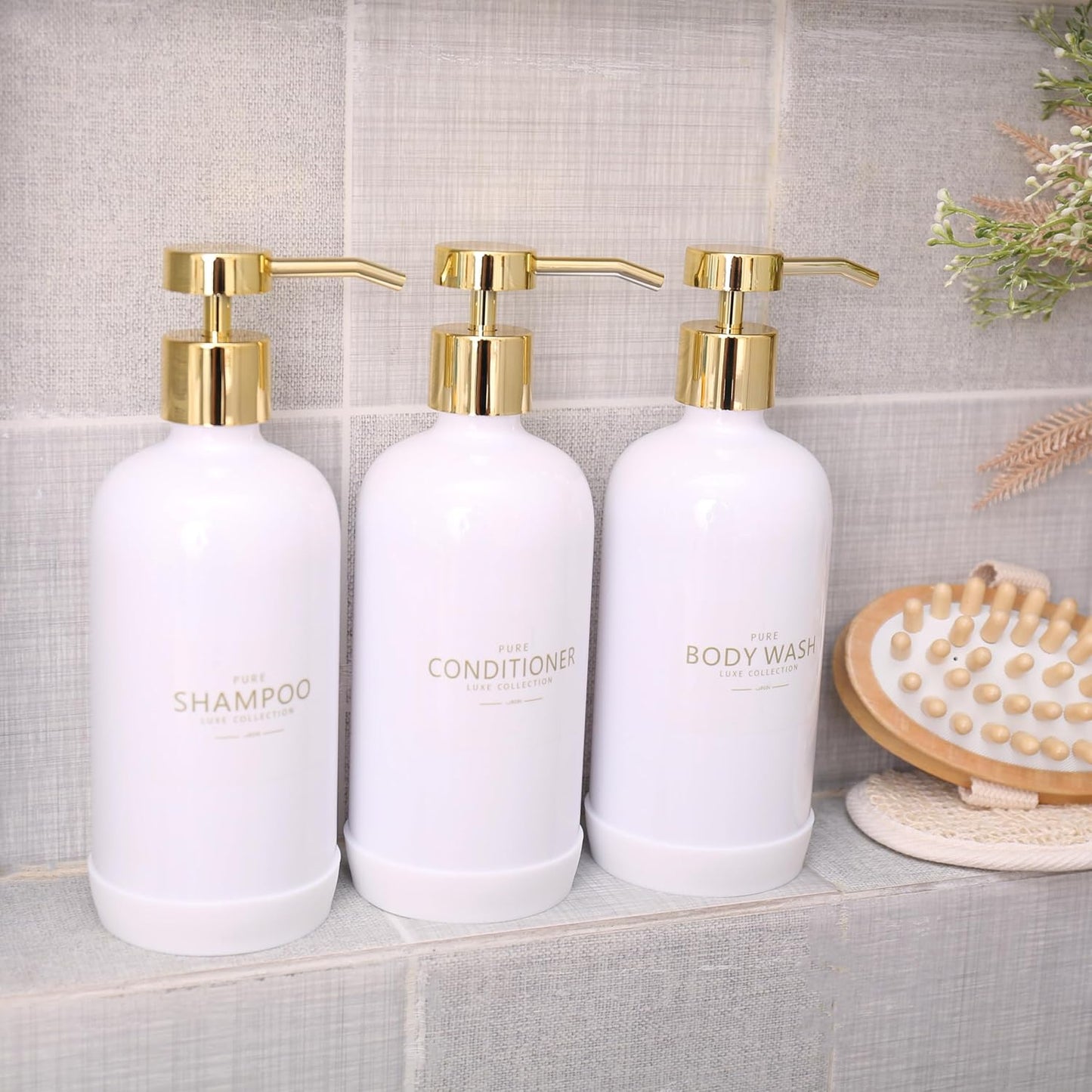 Shampoo and Conditioner Dispenser Set of 3,Refillable 20.5OZ Shampoo Bottles with Non-Slip Protective Silicone Pad,Shower Soap Dispenser with Waterproof Labels for Bathroom (White)