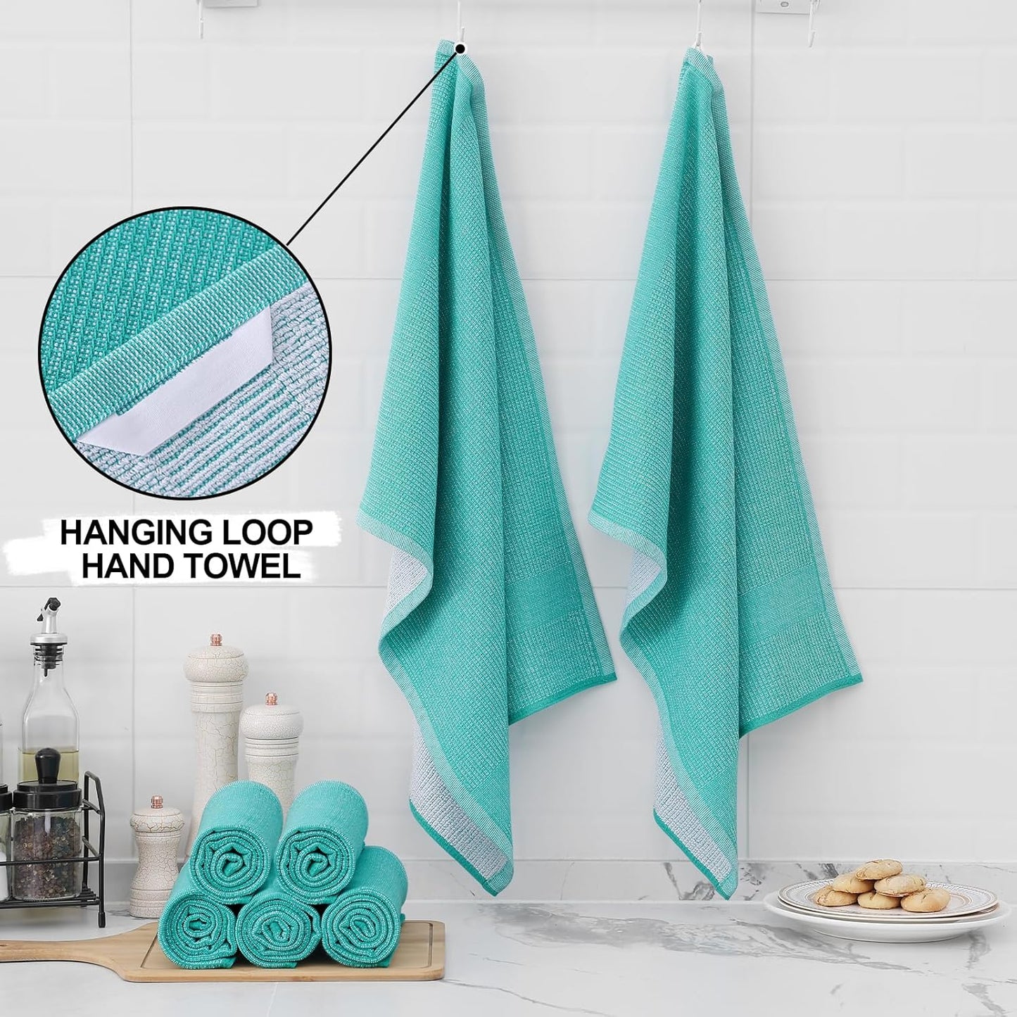 Homaxy Premium Kitchen Towels(18”x 28”, 12 Pack), Large Cotton Kitchen Hand Towels, Flat and Terry Dish Towels, 380 GSM Highly Absorbent Tea Towel Set with Hanging Loop, Teal