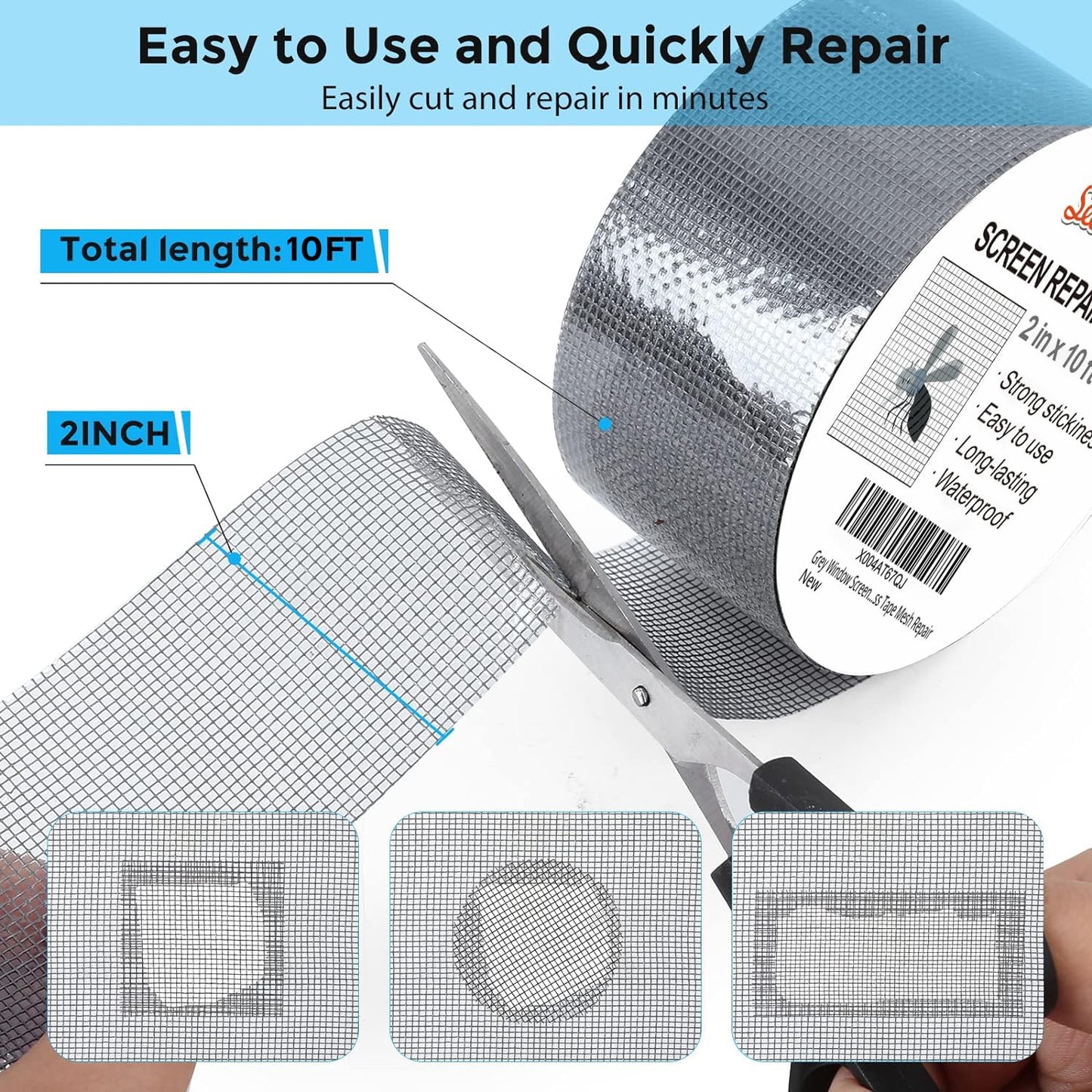 Grey Window Screen Repair Tape, 2IN X 10FT Screen Repair Kit for Windows or Doors, Strong Adhesive Fiberglass Mesh Patch Tape