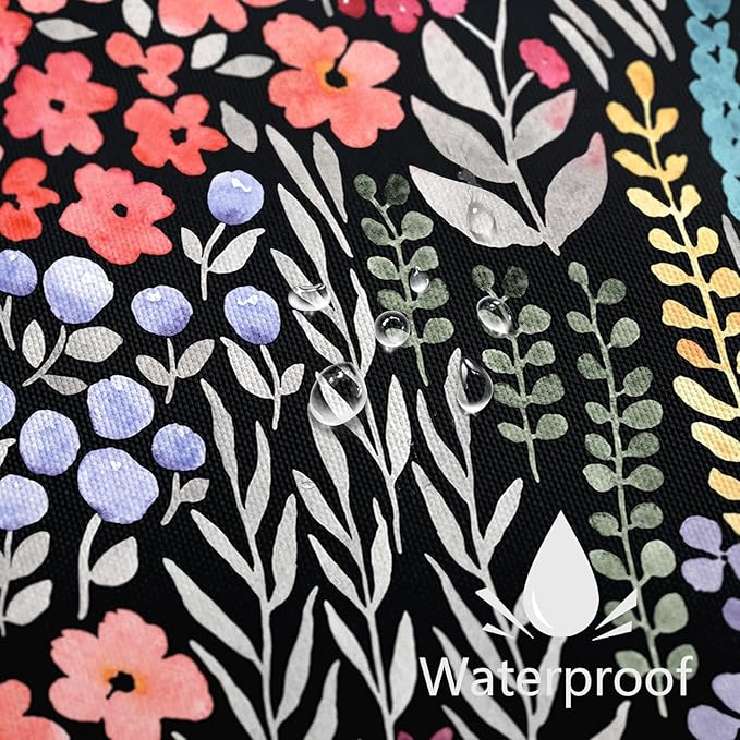 Long Shower Curtain 72 x 78 Inch, Tall Cute Floral Shower Curtain for Bathroom, Colorful Wildflower Boho Cottagecore Fabric Shower Curtain Set with Hooks, Black