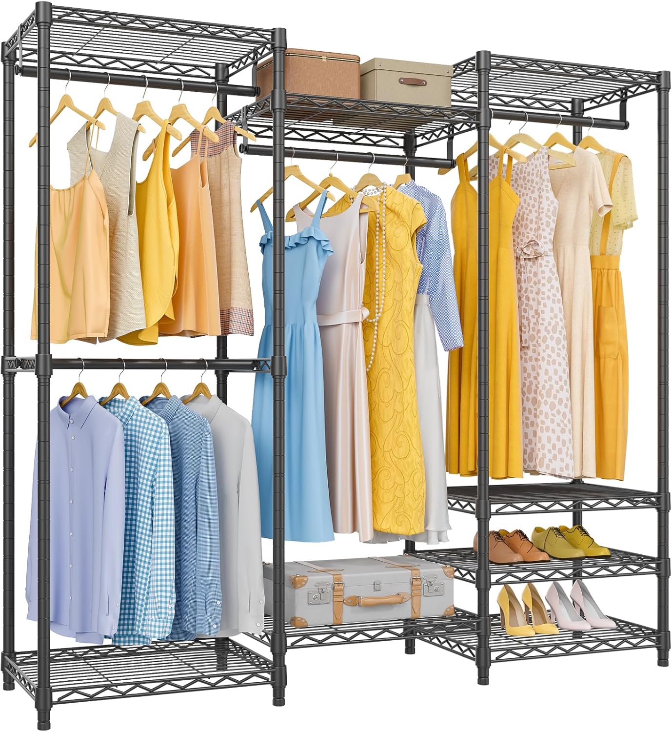VIPEK V5 Medium Portable Closet Wardrobe Heavy Duty Clothes Rack, Freestanding Closet Metal Clothing Rack with 4 Hang Rods & 8 Shelves, Adjustable Custom Closet Rack, 56.7" Lx15.7 Wx76.4 H, Black